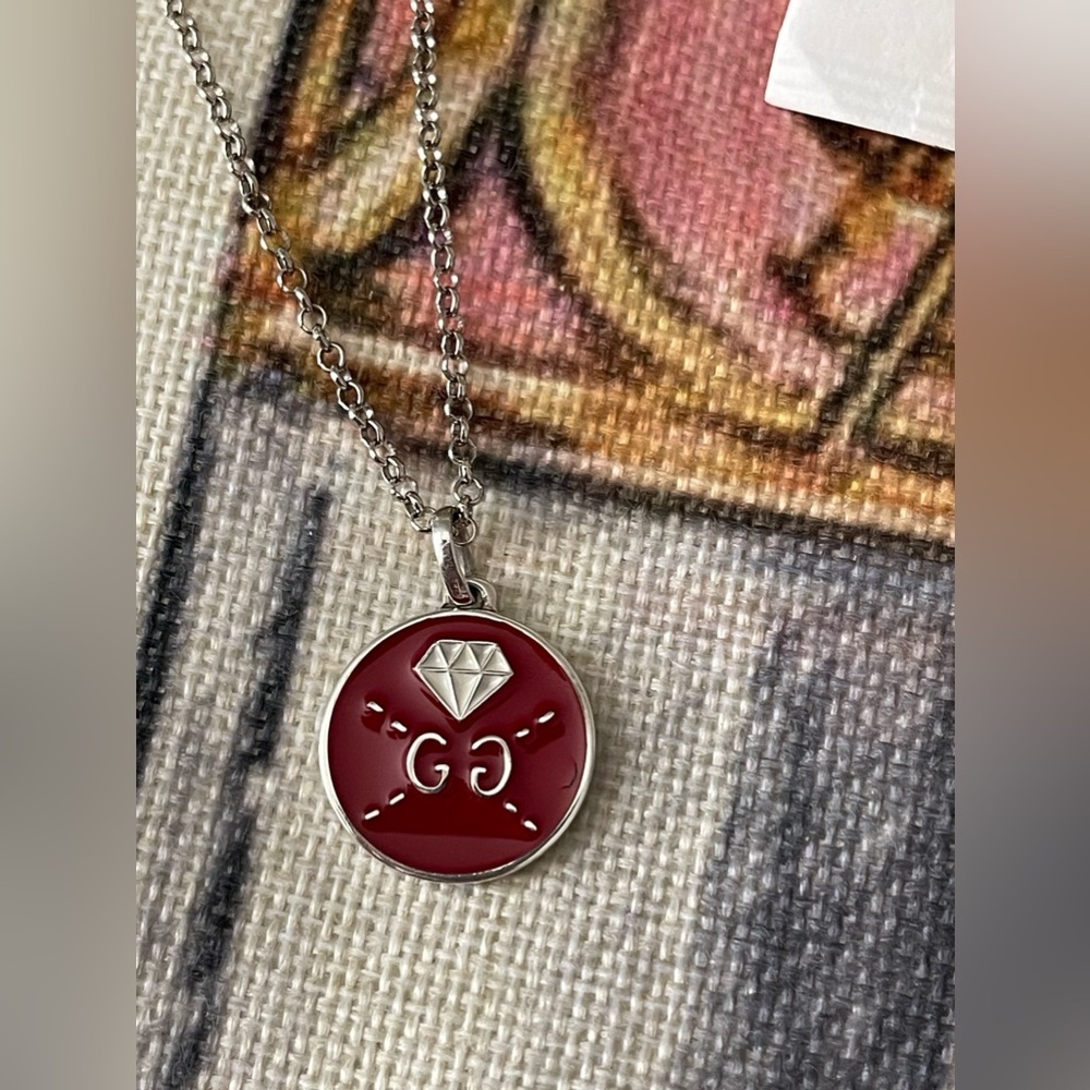 GUCCI Necklace Ghost Diamond Necklace SS 925 w/Enamel Red w/Box & duster✨COA👻